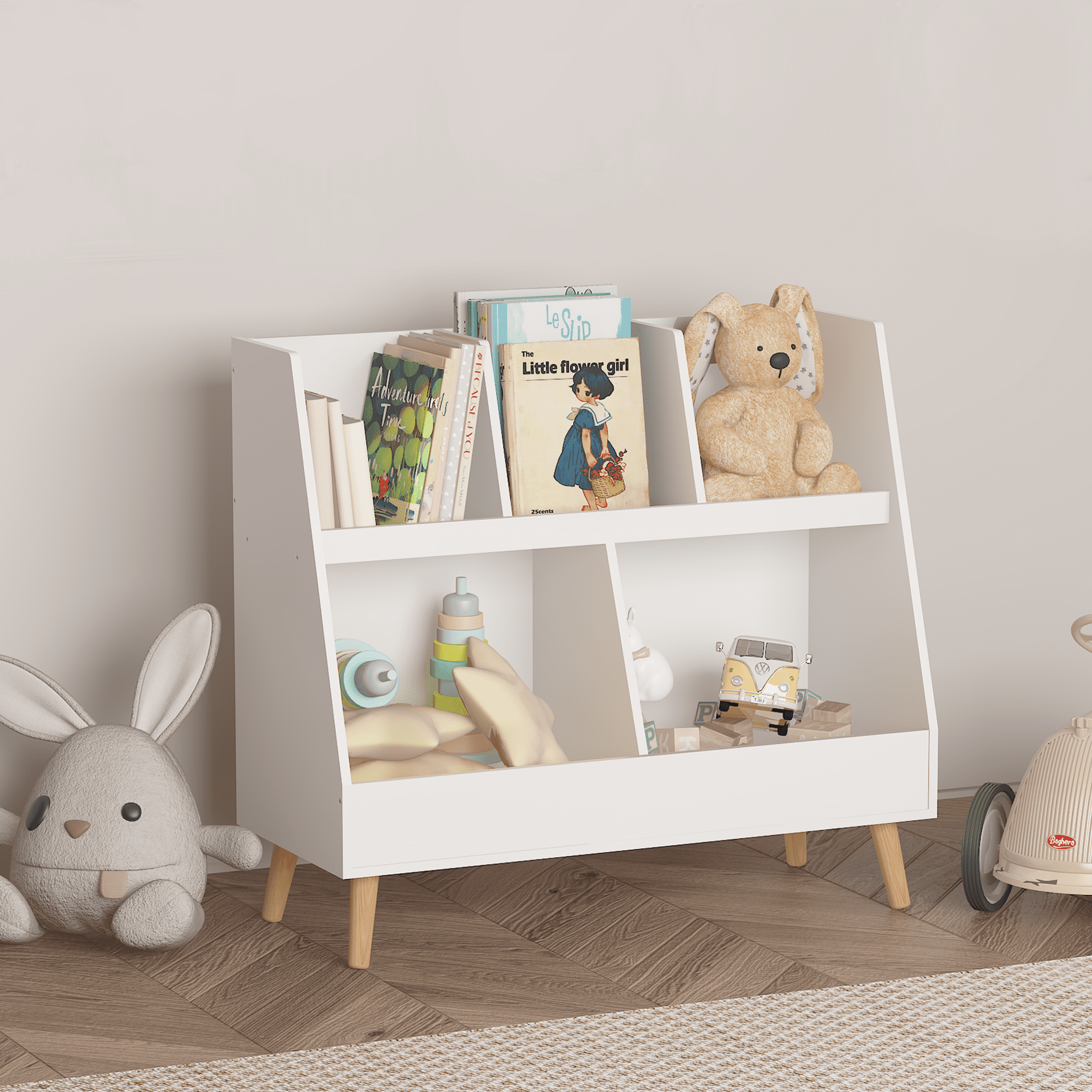 White Kids Bookshelf with 5 Cubbies, 28.54" Toy Organizer for Bedroom & Nursery, 2-Tier Storage Bookcase