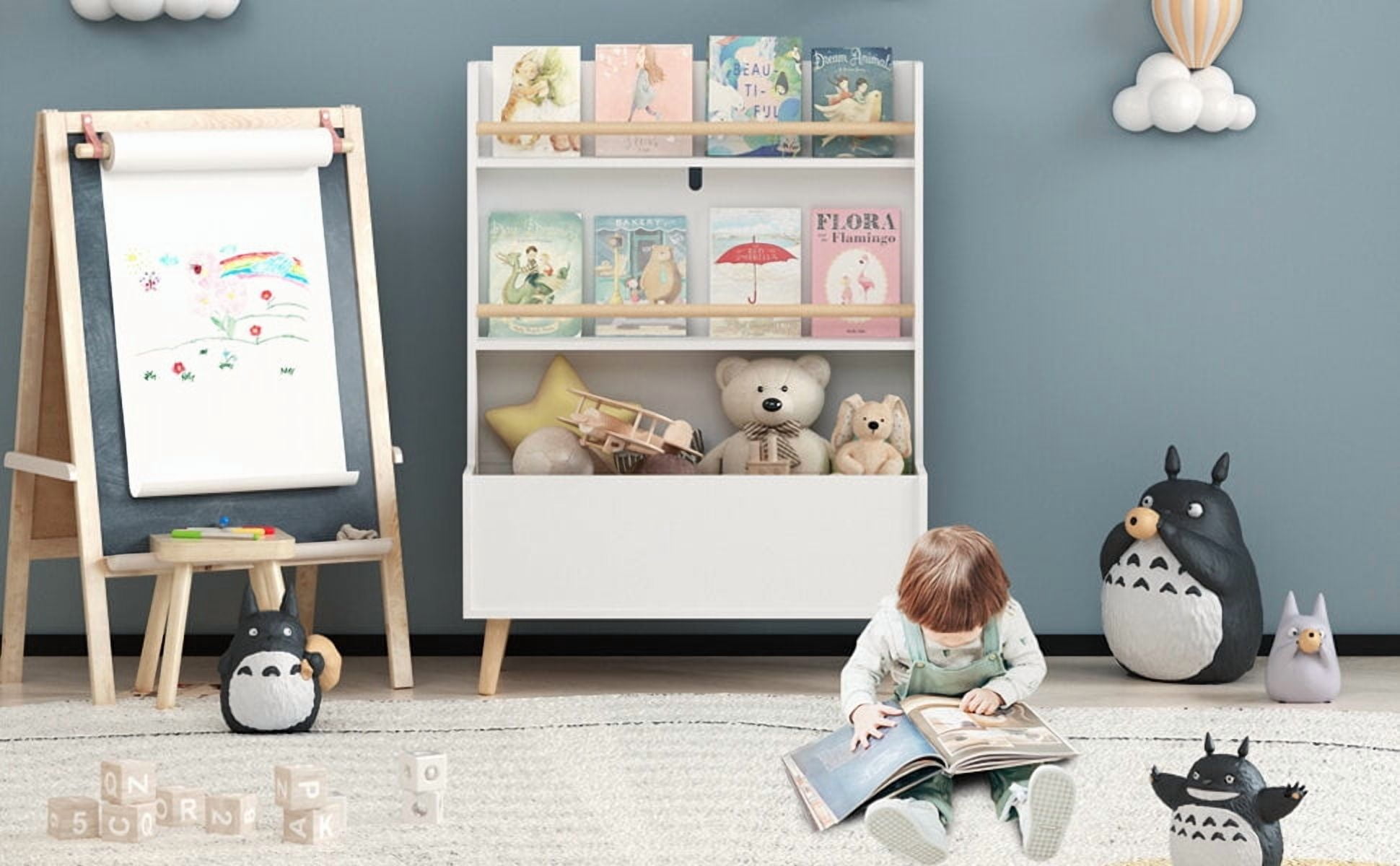 White Kids Bookshelf with Toy Storage, 2-Tier Book Organizer & Magazine Rack 26.77"W x 12.6"D x 36.61"H