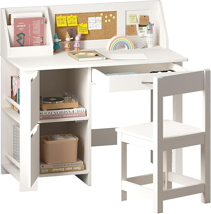 White Wood Kids Study Desk with Bulletin Board and Shelves