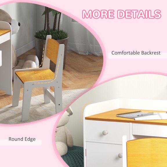 White Kids Desk and Chair Set with Storage Drawer, Space-Saving Study Desk for Children Arts & Crafts Homework Homeschooling