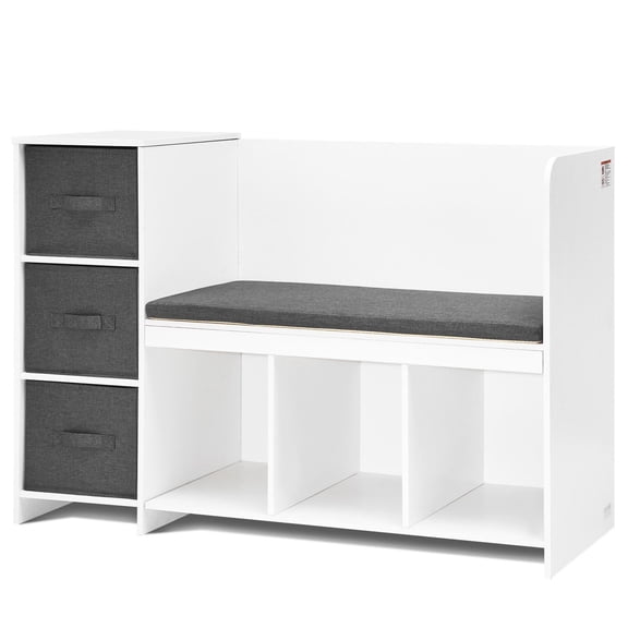 White Kids Reading Bench with Cushion 6 Storage Compartments 3 Drawers Bookshelf Bookcase for Playroom Bedroom Living Room Entryway