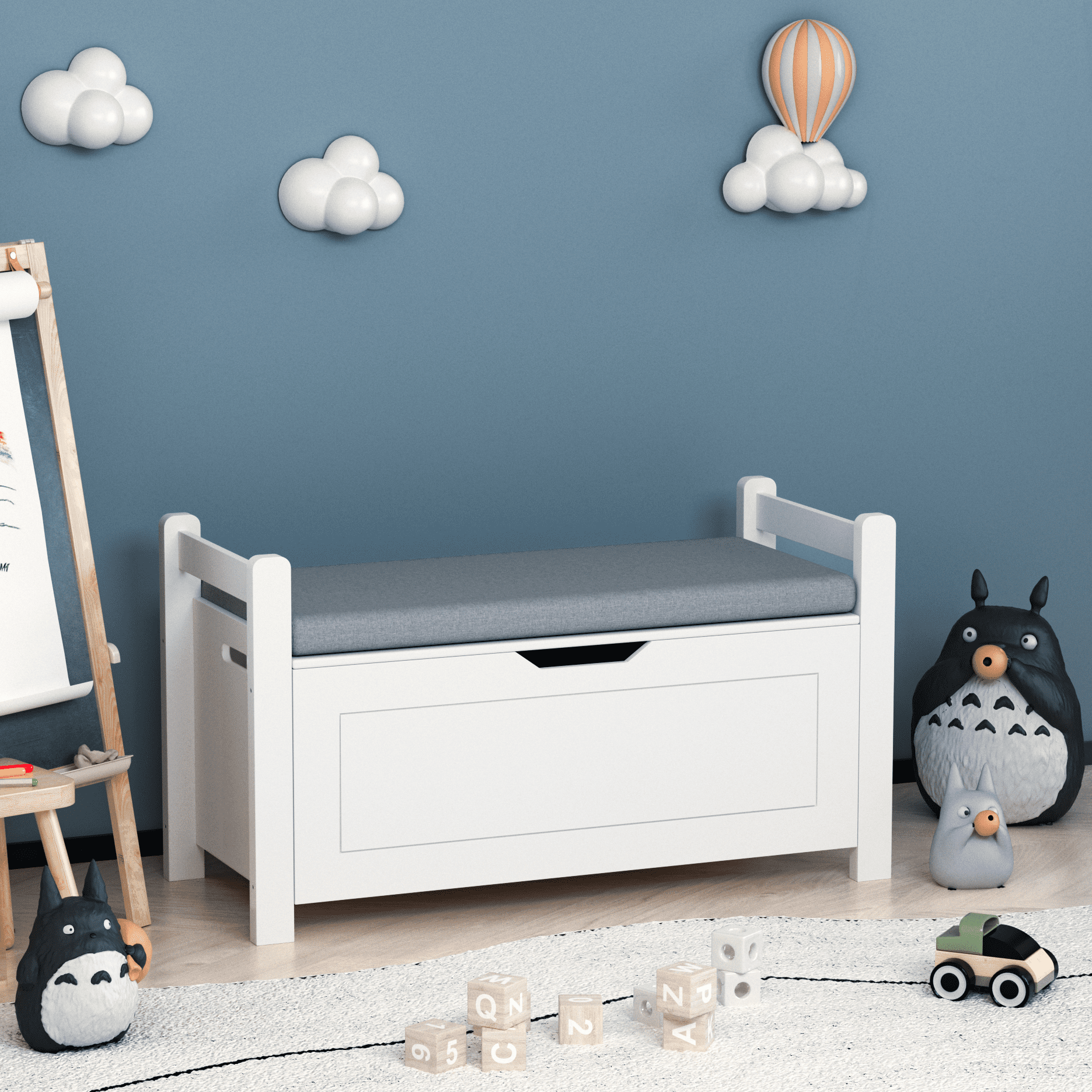 White Kids Toy Storage Box with Cushioned Seat Bench, Large 35" Flip-Top Lid Chest with Safety Hinge, Multi-Purpose Storage Organizer & Cabinet for Nursery, Playroom, Boys & Girls