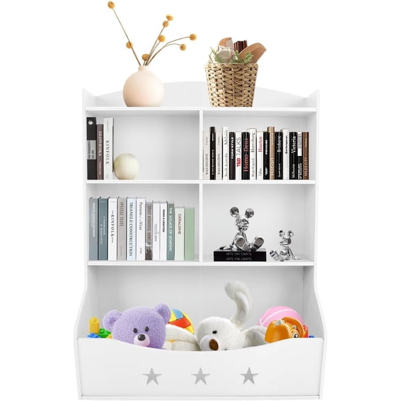 White Kids Toy Storage Organizer with Kids Bookshelf 3.5 Tier Nursery Book Shelves Toddler Bookshelf Children's Toy Shelf for Children's Room Playroom Bedroom Kindergarten School (3.5-Tier White)