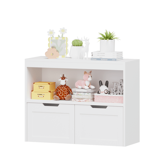 White Kids Toy Storage Organizer with 2 Rolling Drawers, 31.5" W x 11.8" D x 24.2" H MDF Book & Toy Cabinet for Bedroom, Nursery and Playroom