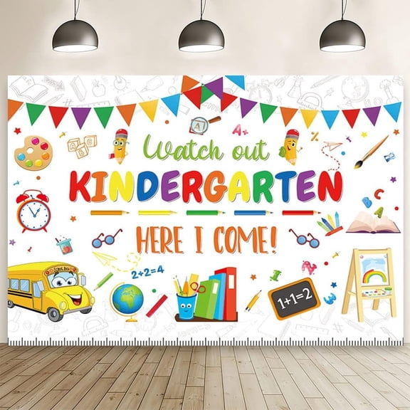 White Kindergarten Back to School Backdrop Kindergarten Here I Come Background School Bus Ruler Students Teachers First Day of Preschool Party Banner Decorations Photo Studio Props