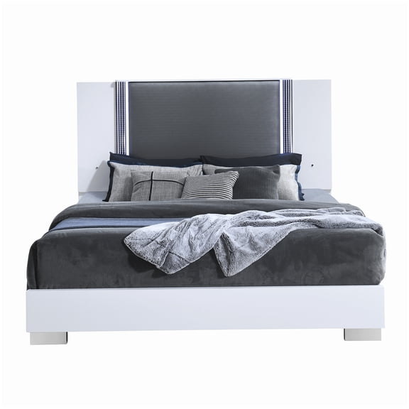 White King Bed Frame with RGB LED Headboard, Marble Panel, Wood Platform Base, No Box Spring Required