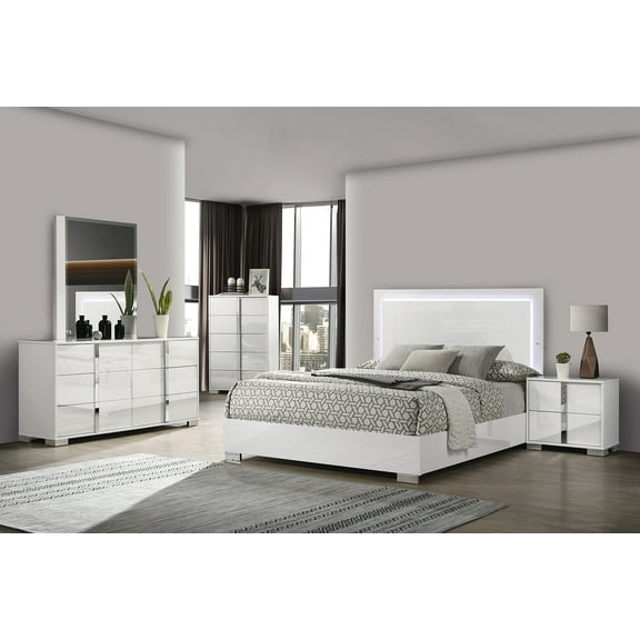 White King Size Bed 6pc Set Bed w LED Dresser Mirror Nightstands Chest Chrome Legs Bedroom Furniture