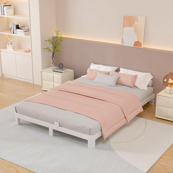 White King Size Bed Frame, Metal Bed Frame with Round Corner Design, No Box Spring Needed, Heavy Duty Steel Platform Support, Anti-Slip Baffles, Noiseless