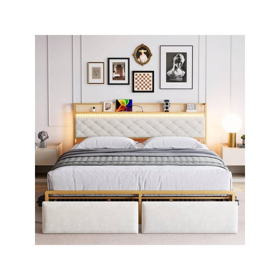 White King Size Bed Frame w/ RGB LED Lights 2 Drawers Charging Headboard White