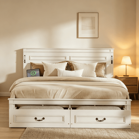 White King Size Farmhouse Bed Frame with USB & LED Headboard, 2 Storage Drawers, Solid Pine Wood, Vintage Style Bed for Bedroom
