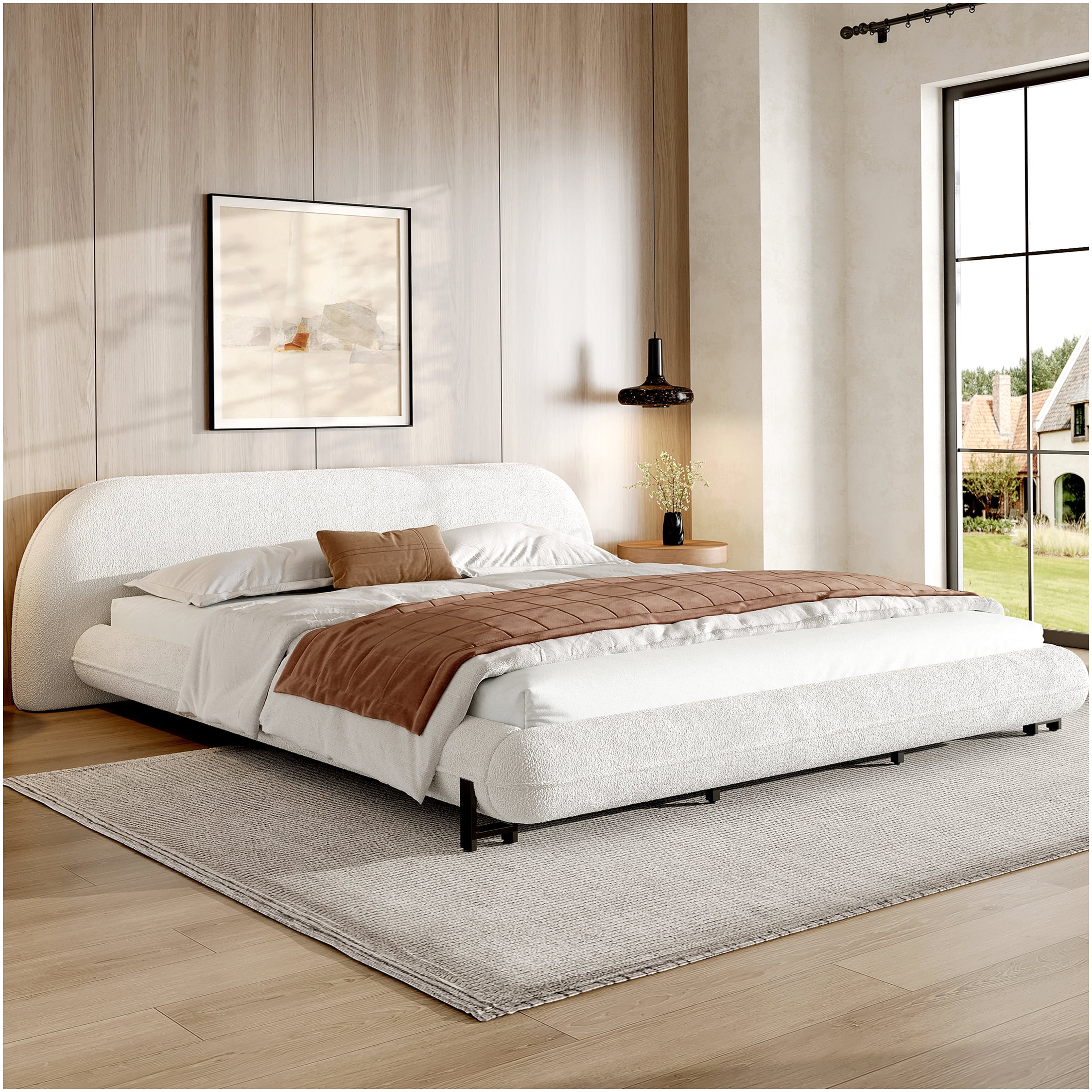 White King Size Upholstered Platform Bed Frame with Curved Boucle Headboard, No Box Spring Needed, Strong Wood & Metal Support