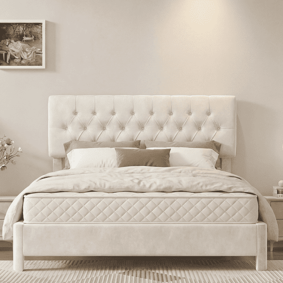 White King Size Velvet Upholstered Metal platform bed frame with with Adjustable Tufted Headboard,Fabric Upholstered Headboard and slatted support. Suitable for bedrooms, living rooms, and hotels