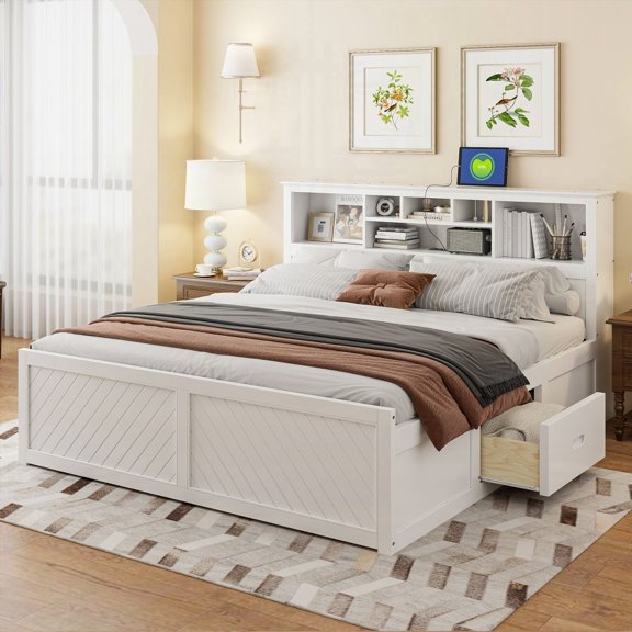 White King Size Wood Platform Bed Featuring Multi-storage Headboard & USB Ports, Solid Construction
