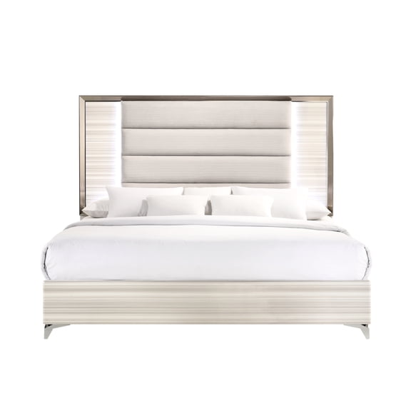 White King Sized Bed With Led Glow - Solid Wood & Made Graceful Upholstered Headboard Tough 4 Legs 14 Slats Star White Fabricated Sophisticated Resilient