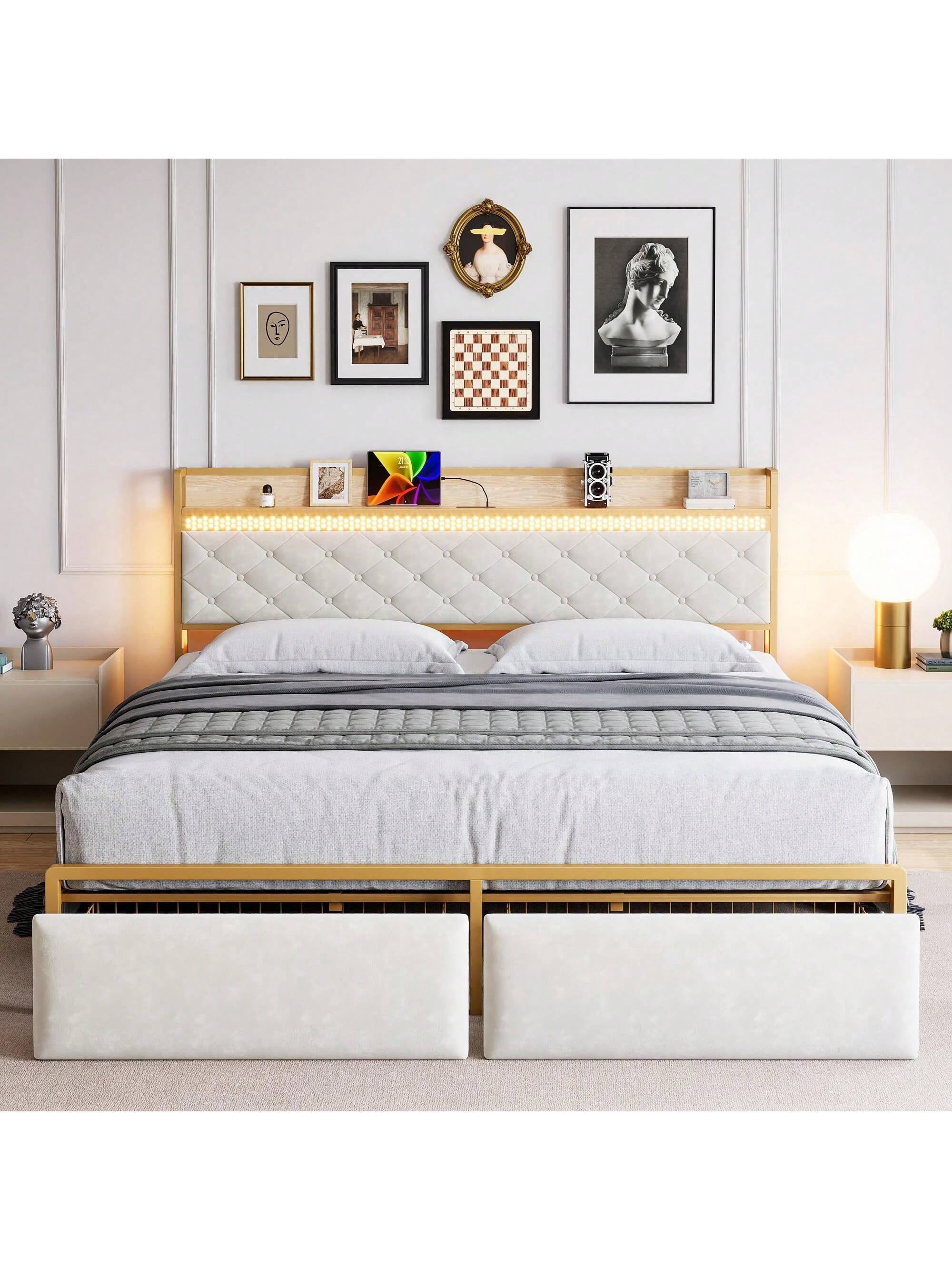 White King size bed King Size Bed Frame, Platform Bed Frame With RGB LED Lights And 2 Storage Drawers Headboard, Upholstered Bed Frame With USB Ports & Outlets And Storage Headboard, Noise Free, Whi