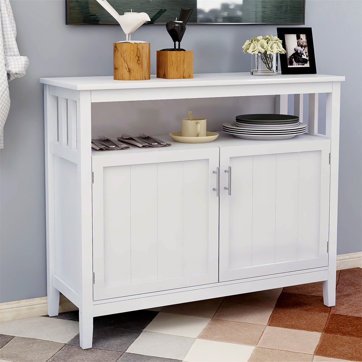 White Kitchen Buffet Sideboard Modern Storage Cabinet Wooden Buffet Server Free Standing Narrow Console Table with 2 Doors and Adjustable Shelf Space
