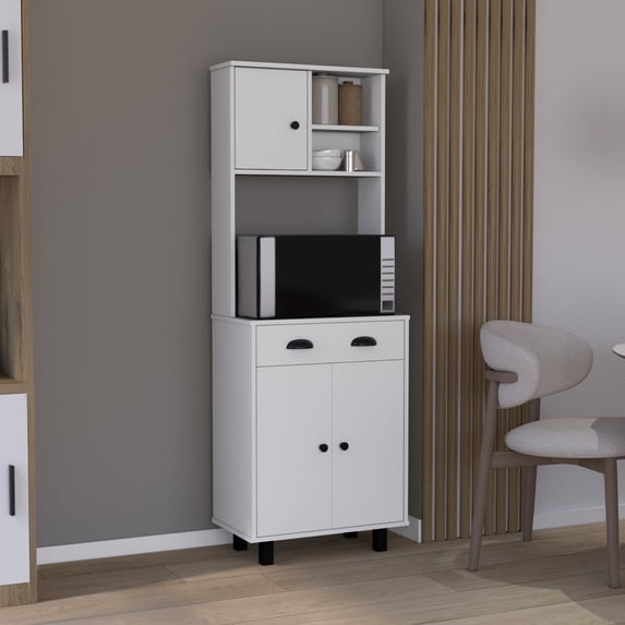 White Kitchen Cabinet Pantry With 2 Doors, 1 Drawer & Open Shelves - 66.5" H Graceful Laminated Particle Board Two Cabinets, Shelves, And One 67" Splendid