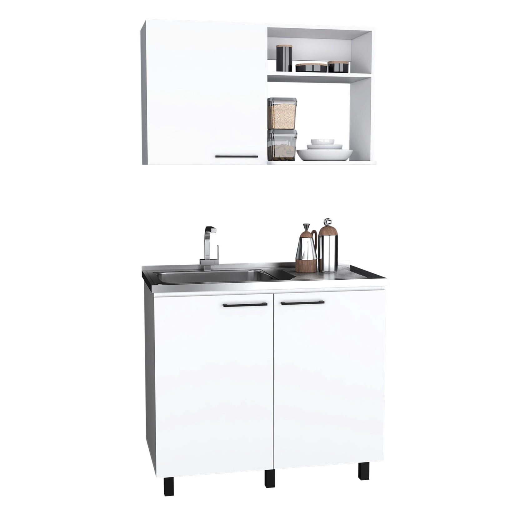 White Kitchen Cabinet and Sink Combination | High-Quality Sink for Dishwashing | Stainless Steel Countertop for a Contemporary Touch
