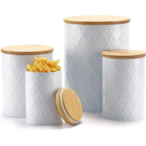 White Kitchen Canisters Set with Bamboo Lids, Airtight Sugar, Flour, Coffee, Cookie Storage Canister Sets for kitchen Countertop, Farmhouse kitchen decor, 4 Pack