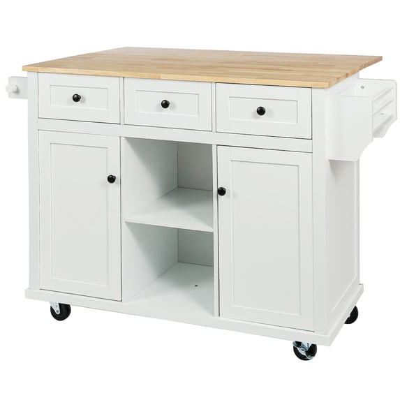White Kitchen Cart with Rubber Wood Drop-Leaf Countertop, 5 Rolling Wheels, Internal Cabinet Door Storage Racks, Cabinet & 3 Drawers, for Kitchen & Dining Room