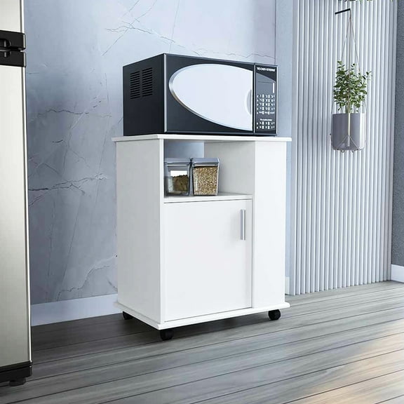 White Kitchen Cart - Surface For Microwave Holding, 3 Side Shelves, Modern & Design, 4 Open Shelves Cabinet, Locking Mobility Finish Standing, Gorgeous