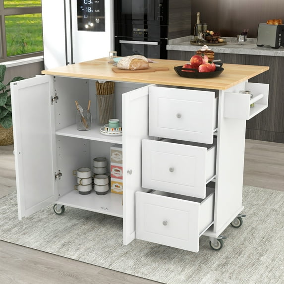 White Kitchen Cart on Wheels with Solid Wood Top, Utility Kitchen Islands with Storage Cabinets and Drawers, Spice Rack, Shelves, Large Workstation Breakfast Bar, Rolling Cart Kitchen Bakers Rack