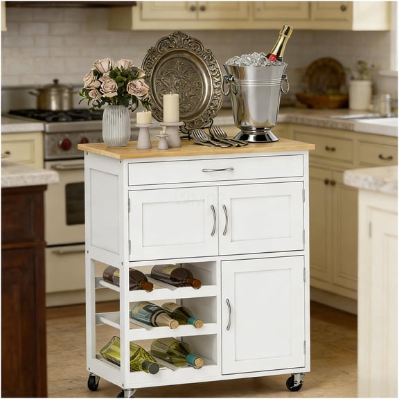 White Kitchen Cart on Wheels with Butcher Block Top, Storage Cabinet, Drawer & Wine Rack - Mobile Kitchen Island with Locking Casters