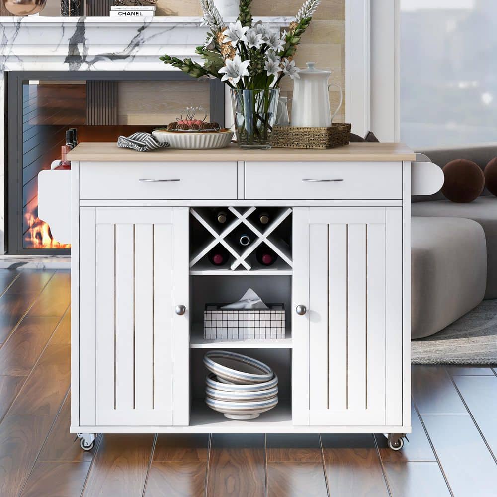 White Kitchen Cart with 2Storage and 4Locking Wheels Wine