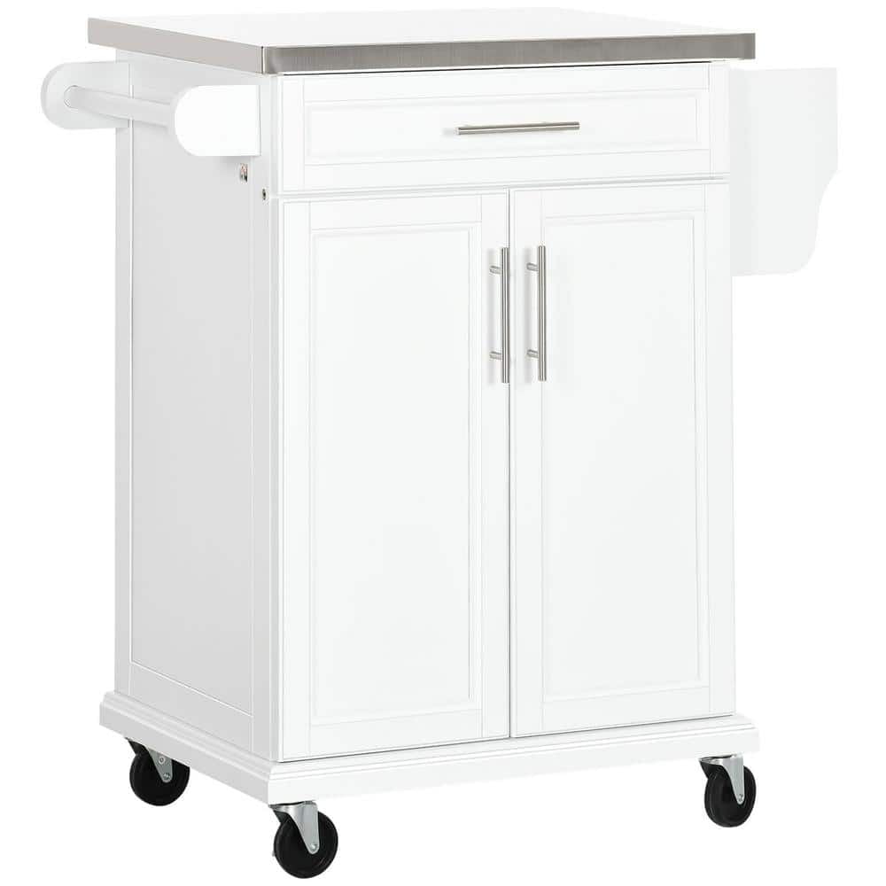 White Stainless Steel Top Kitchen Cart with Spice Rack and Storage