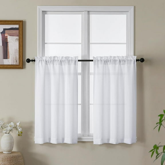 White Kitchen Curtains, Light Filtering Faux Linen Textured Half Window Curtains Over Sink, Rod Pocket Short Curtain for Bathroom Basement RV Camper, 2PCS