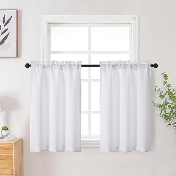 White Kitchen Curtains Tier 36 Inch Length 2 Panels, Faux Linen Textured Light Filtering Short Drapes for Bathroom Basement Half Window, Rod Pocket Design, White, Each 30Wx36L