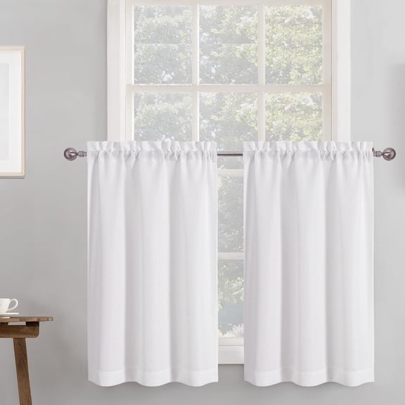 White Kitchen Curtains Tier Curtain, Faux Linen Textured Small Cafe Curtain, Light Filtering Short Window Curtains for Bathroom Basement, 2PCS