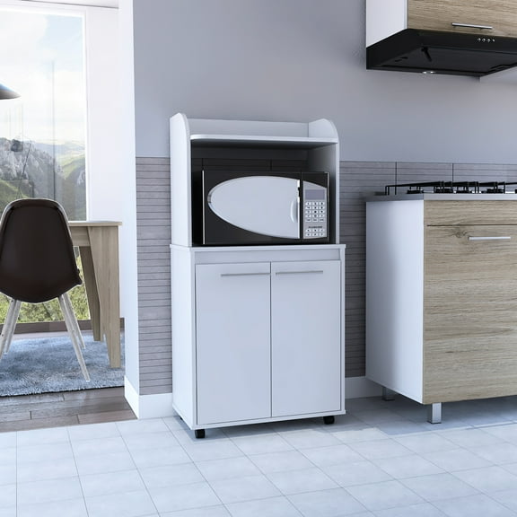 White Kitchen - Double Door Cabinet With Attentive Shelf, 70''h X 23.34''w, Particle Board, Lockable Caster Wheels, 2 Interior Shelves, 15'' Microwave Shelf Mindfulness White, X Locking 1 Open