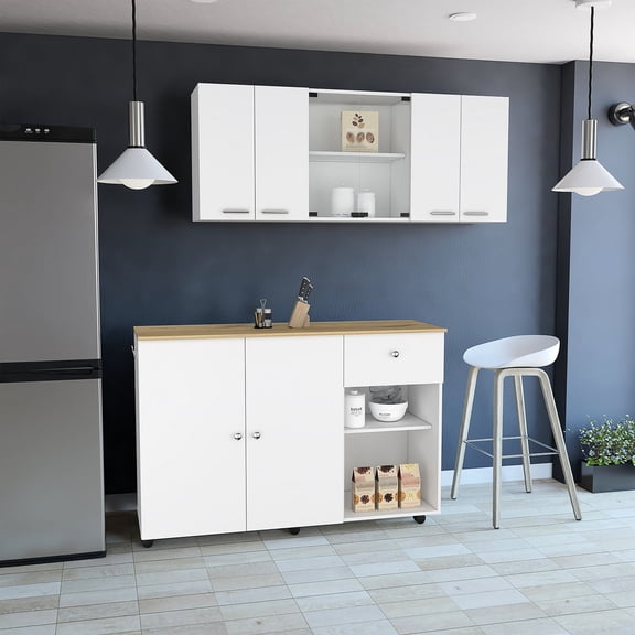 White Kitchen Furniture Set - Smooth Assembly via Clear Instructions - Kitchen Island Cart & Wall Cabinet - Long-Lasting Particle Board Build