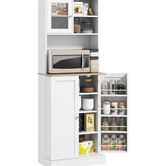 White Kitchen Hutch with 8 Door Shelves / Functional Storage for Kitchen Appliances