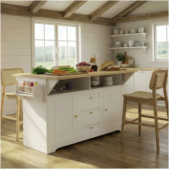 White Kitchen Island Cart with Drop Leaf, Power Outlet, USB Ports, 3 Drawers, Spice Rack & Wheels, Mobile Workstation for Kitchen & Dining Room