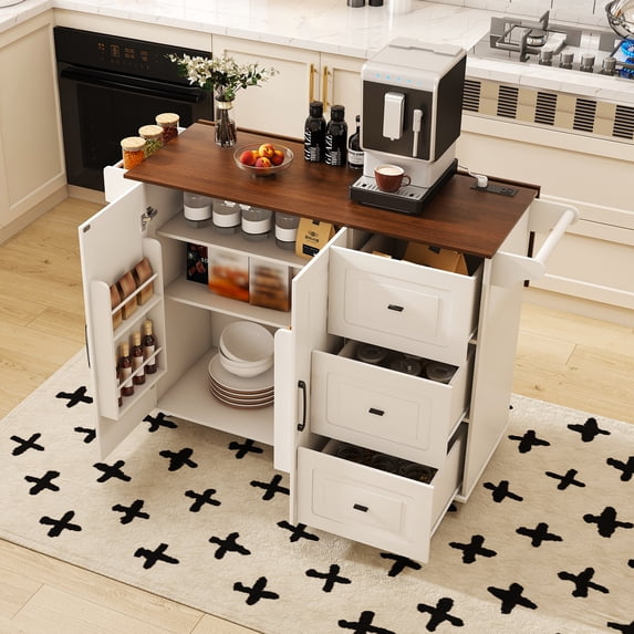 Kitchen Island Cart with Foldable Tabletop, Mobile Breakfast Bar on Wheels with Wood Top and Storage