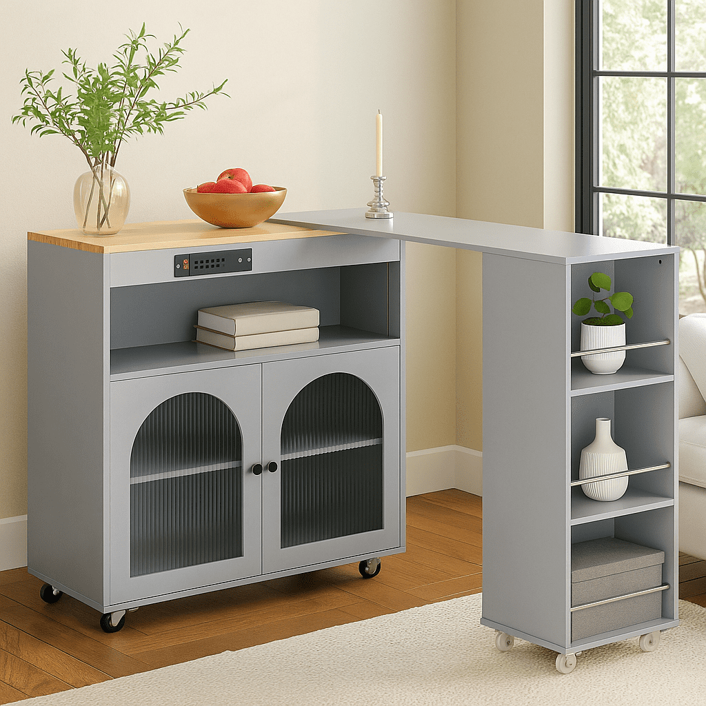 White Kitchen Island with Movable Dining Table, LED Lights, Power Outlets, 2 Ribbed Glass Doors, Storage Compartments & 3 Open Side Shelves, Modern Kitchen Island with Storage for Dining Room