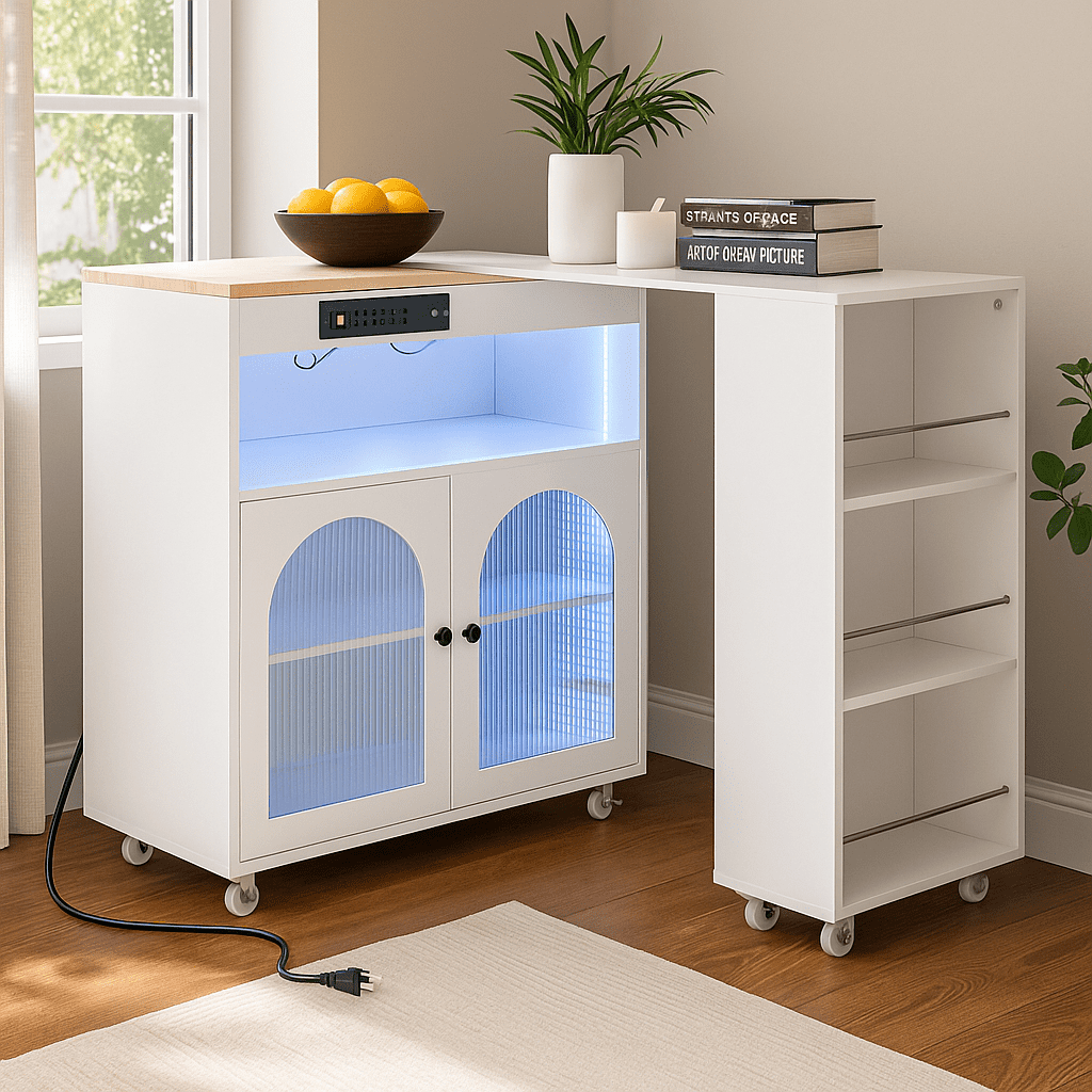 White Kitchen Island with Movable Dining Table, LED Lights, Power Outlets, 2 Ribbed Glass Doors, Storage Compartments & 3 Open Side Shelves, Modern Kitchen Island with Storage for Dining Room