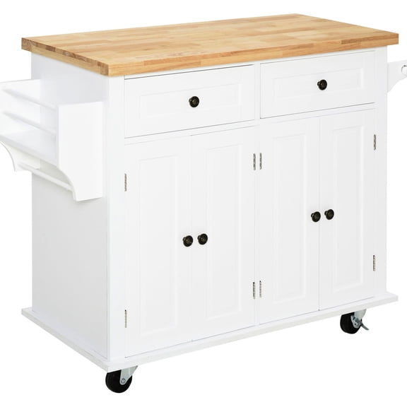 White Kitchen Island With Practical Design Elements, Rubberwood Countertop, Spice Rack, Towel Rack And Drawers For Efficiency Cart Adjustable Shelves, Concealed Cabinets - Customizable Storage