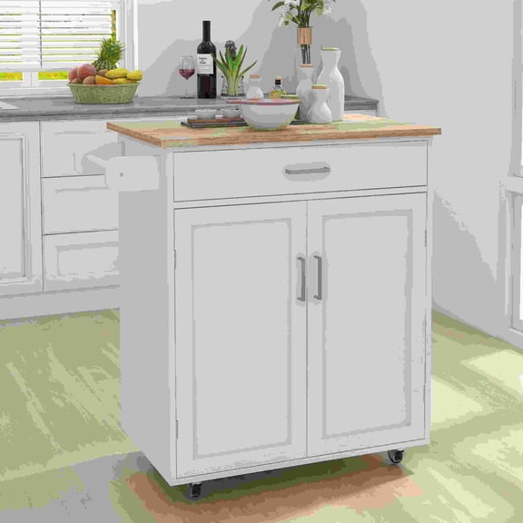 White Kitchen Island Rolling Trolley Cart with Adjustable Shelves and Towel Rack, Rubber Wood Table Top, 32.68L x 17.72W x 36.02H Inches