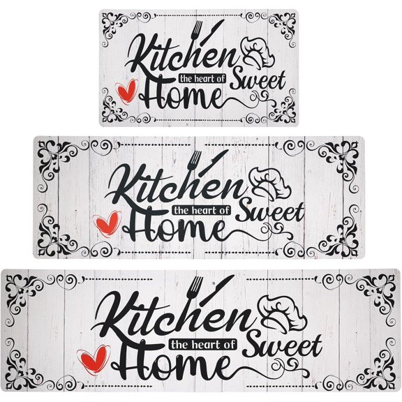 White Kitchen Mats for Floor 3 Pieces Set, Non Slip Cushioned Runners Waterproof Comfort Kitchen Rugs and Mats Farmhouse Chef Mat Carpet for Sink,Laundry Room