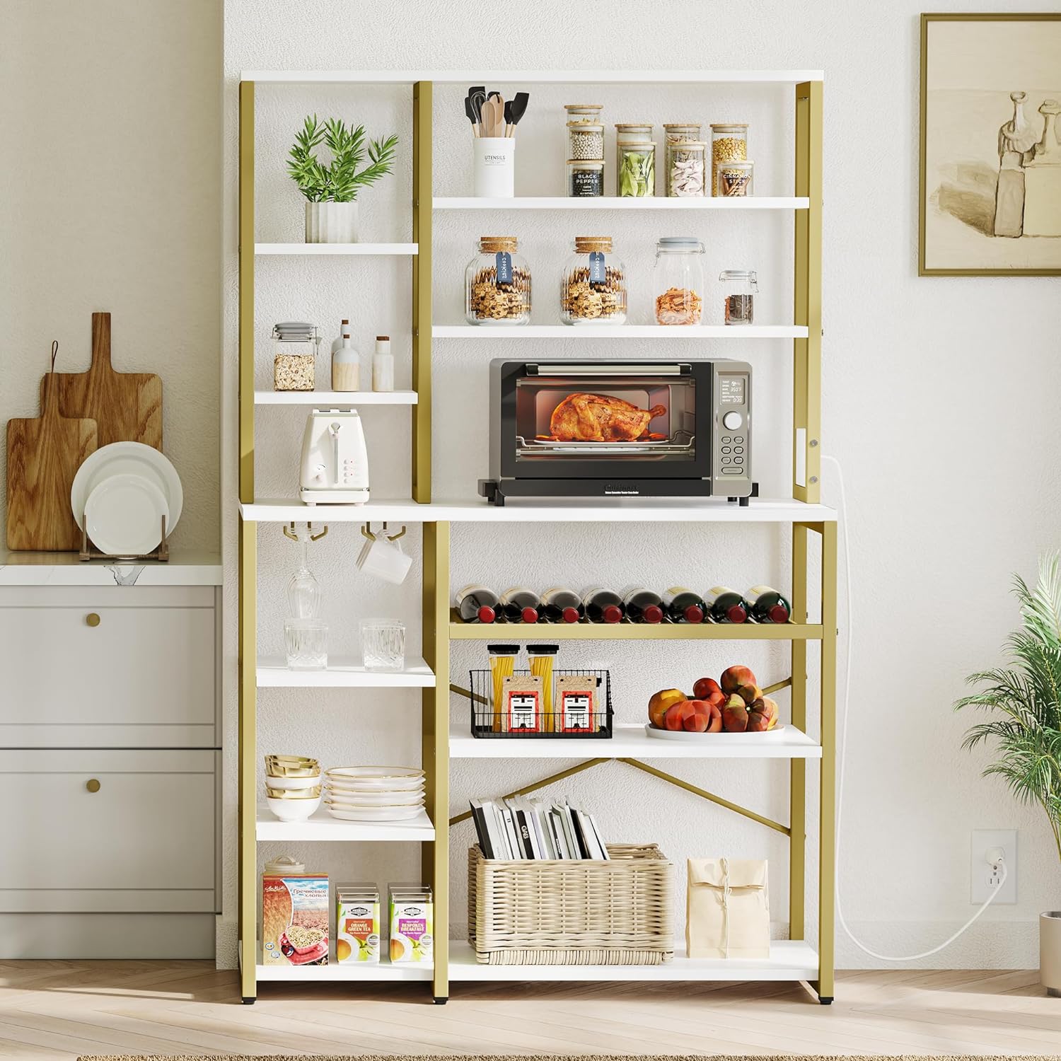 White Kitchen Microwave Stand Bakers Rack, Coffee Bar Wine Storage