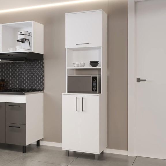 White Kitchen Organizer - Door & Open Compartment Scratch- Modern Storage Stand Pantry, 2 Doors Organization System