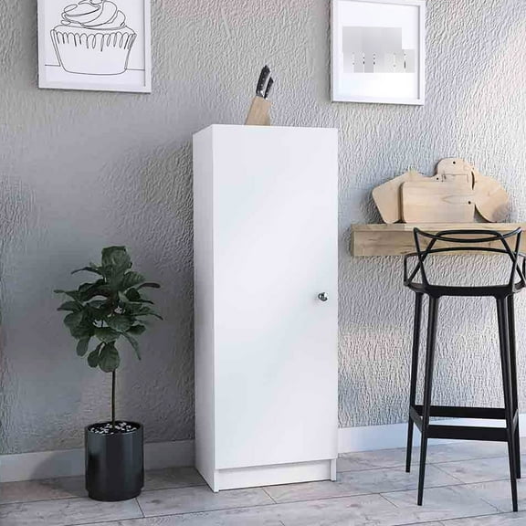 White Kitchen Pantry, 48.15" Height, One Door Cabinet With Four Interior Shelves, 10.7" High, Space Efficient For Utility Room, Garage, Or Bedroom, Easy To Assemble In Minutes 47" H Pantry Cabinet,