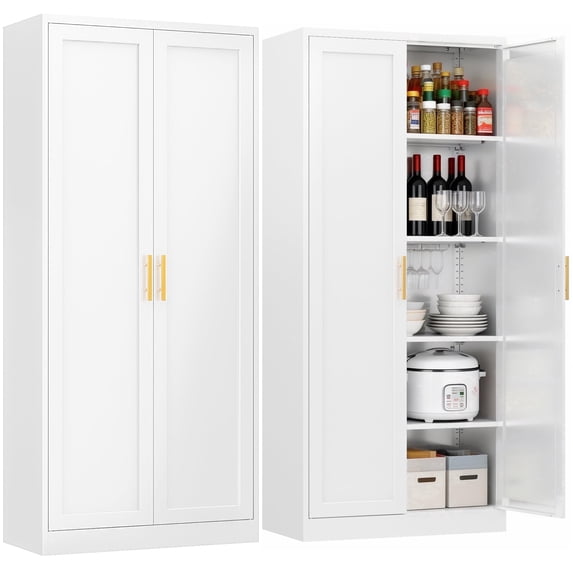 71" Tall Kitchen Pantry Cabinet, Metal Kitchen Pantry Storage Cabinet with Drawer and 2 Adjustable Shelves , Freestanding Pantry Cupboard for Living, Dining Room, White