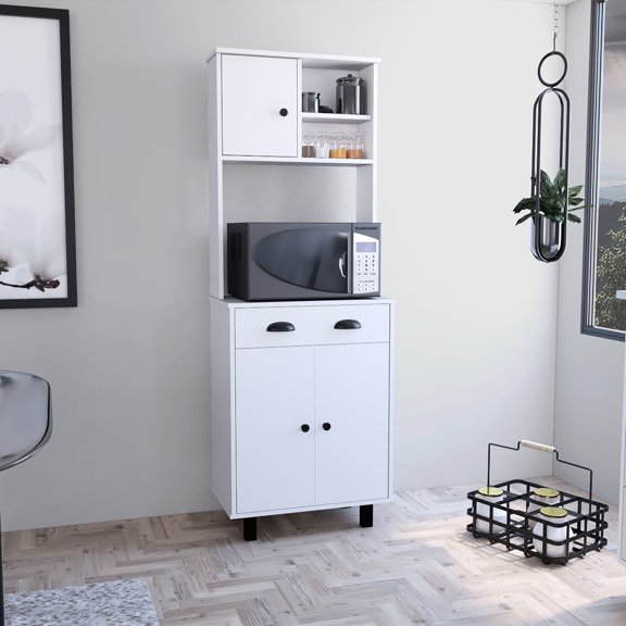 White Kitchen Pantry With Drawer - 2 Cabinets, Open Shelves Modern Freestanding Cabinet For 23.6"w Shelves, Space Optimization