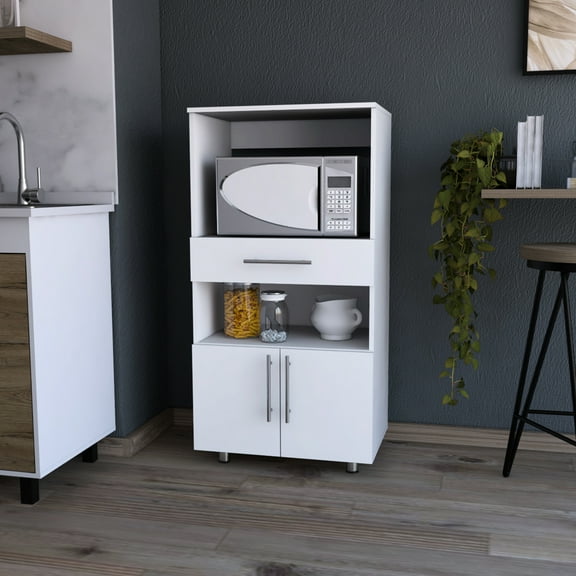 White Kitchen Pantry With Microwave Stand And Handy Drawer Cabinet, Style