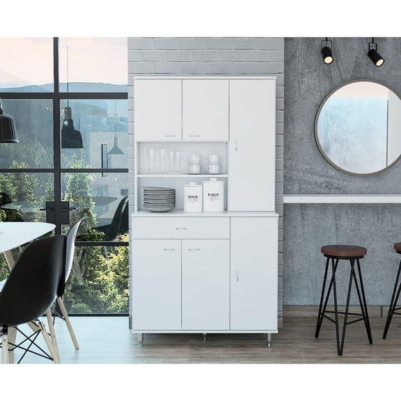 White Kitchen Pantry, Two Open Shelves for Easy Access - Store Pots and Pans