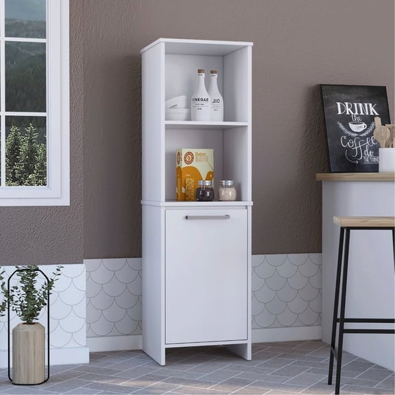 White Kitchen Pantry With Two Open Shelves And Different Storage Options Cabinet 59" H A Door